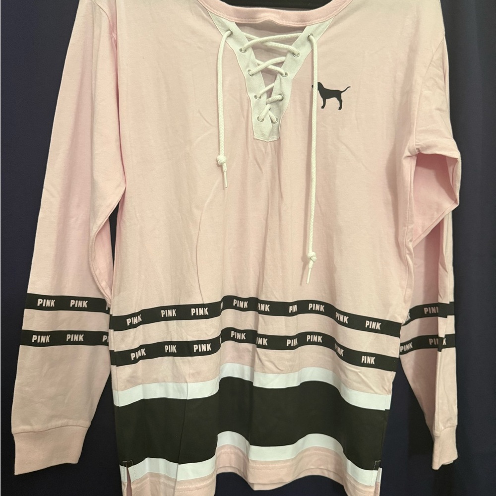 Victoria’s Secret PINK Oversized Hockey Jersey Lace Up Long Sleeve Tee Sm Tape